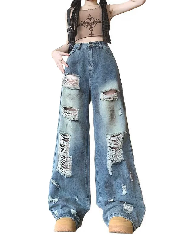 Quần jean rách phong cách retro Mỹ dành cho nam, kiểu dáng mùa hè mới, quần ống rộng dáng suông, thương hiệu thời thượng, phong cách đường phố cá tính, quần dài chạm đất.