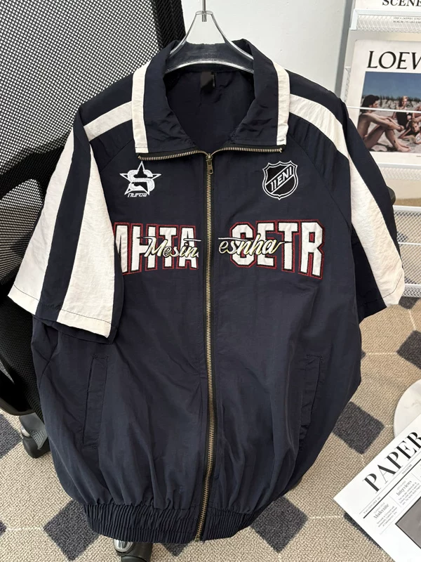 Áo khoác ngắn tay kiểu Mỹ mùa hè dành cho nam và nữ, phong cách đường phố thời thượng, áo nửa tay mỏng nhẹ, sành điệu.