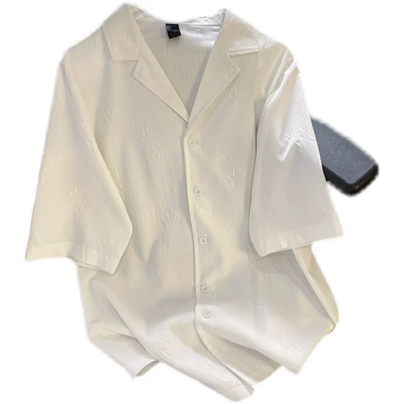 Áo sơ mi thiết kế dành cho nam, áo sơ mi ngắn tay chất liệu lụa đá mùa hè, kiểu dáng rộng rãi, áo kiểu Hàn Quốc trẻ trung, thời thượng, cá tính.