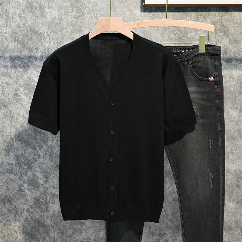 Áo cardigan dệt kim ngắn tay bằng vải lụa băng dành cho nam, áo cardigan đơn giản phong cách Nhật Bản, áo khoác nửa tay mỏng kiểu Hàn Quốc thời thượng mùa hè.