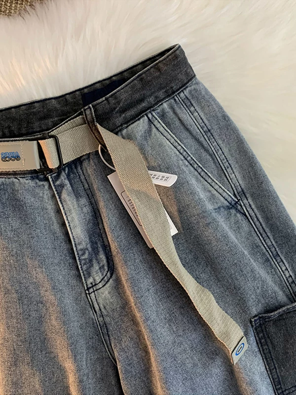 Quần short denim vintage đã qua giặt cho nam, thương hiệu thời trang mùa hè, quần cargo nhiều túi, quần short lửng kiểu Mỹ rộng rãi, thoải mái.