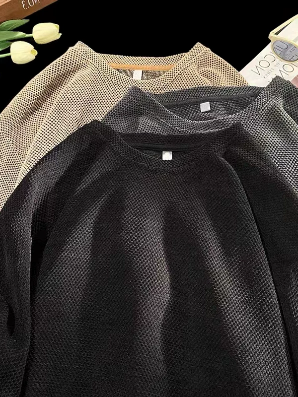 Áo thun tay ngắn kiểu waffle Mỹ dành cho nam, áo thun mùa hè rộng rãi chất liệu dày dặn tay lửng, áo thun cặp đôi thời trang đa năng.