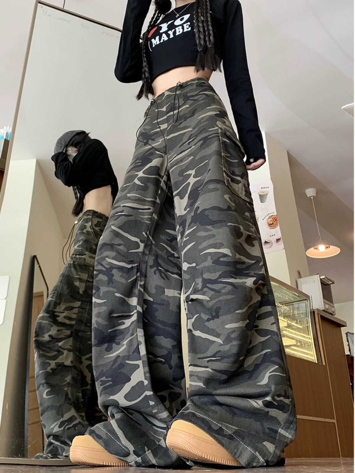 Quần jean rằn ri phong cách hip-hop kiểu Mỹ dành cho nam và nữ, quần công sở dáng rộng mùa xuân thu, quần dài ống rộng hợp thời trang.