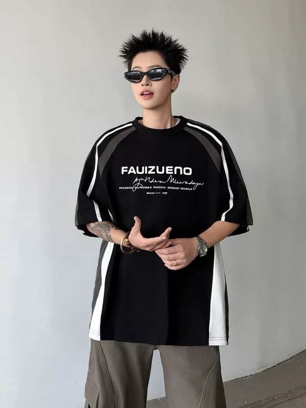 Áo thun ngắn tay phối màu cho nam, phong cách đường phố Mỹ, áo nửa tay cổ tròn cá tính, áo thun phong cách biker thời thượng.