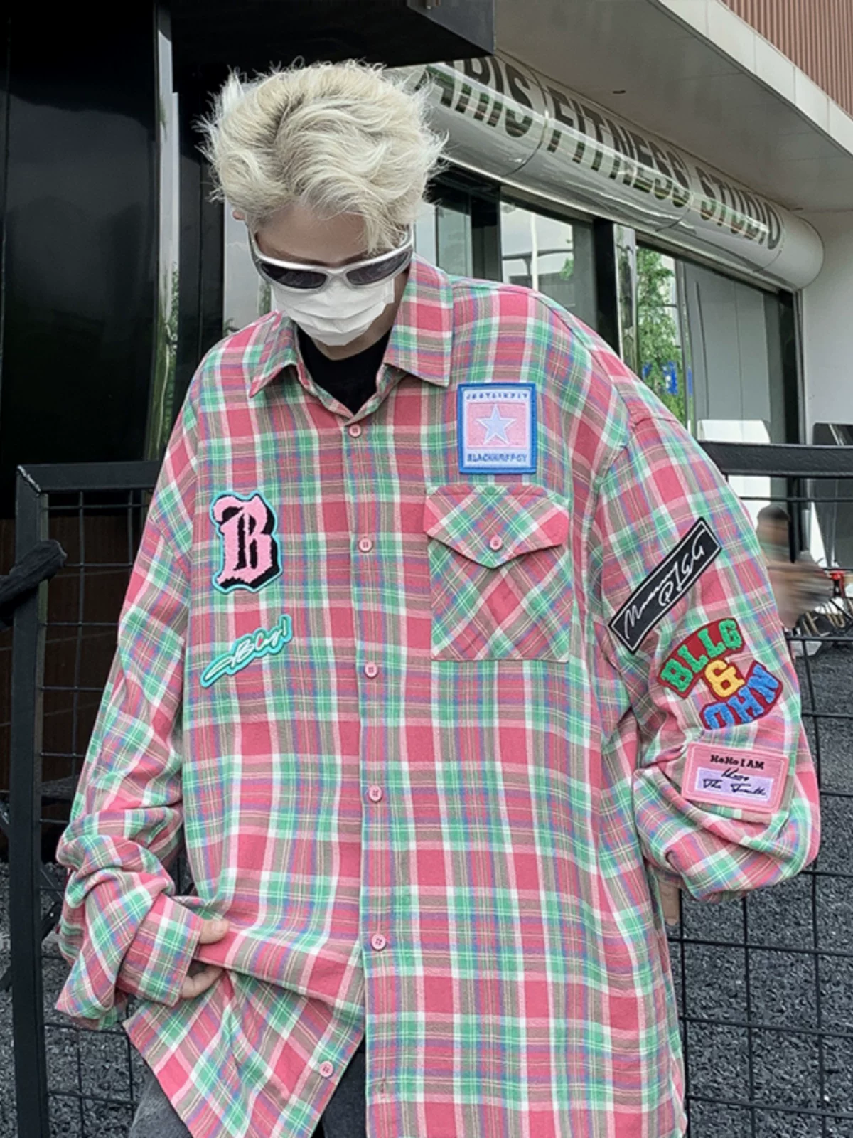 Áo sơ mi kẻ sọc thời trang kiểu Mỹ dành cho nam, áo sơ mi dài tay thêu họa tiết, áo khoác thường ngày dáng rộng cho cặp đôi mùa thu.