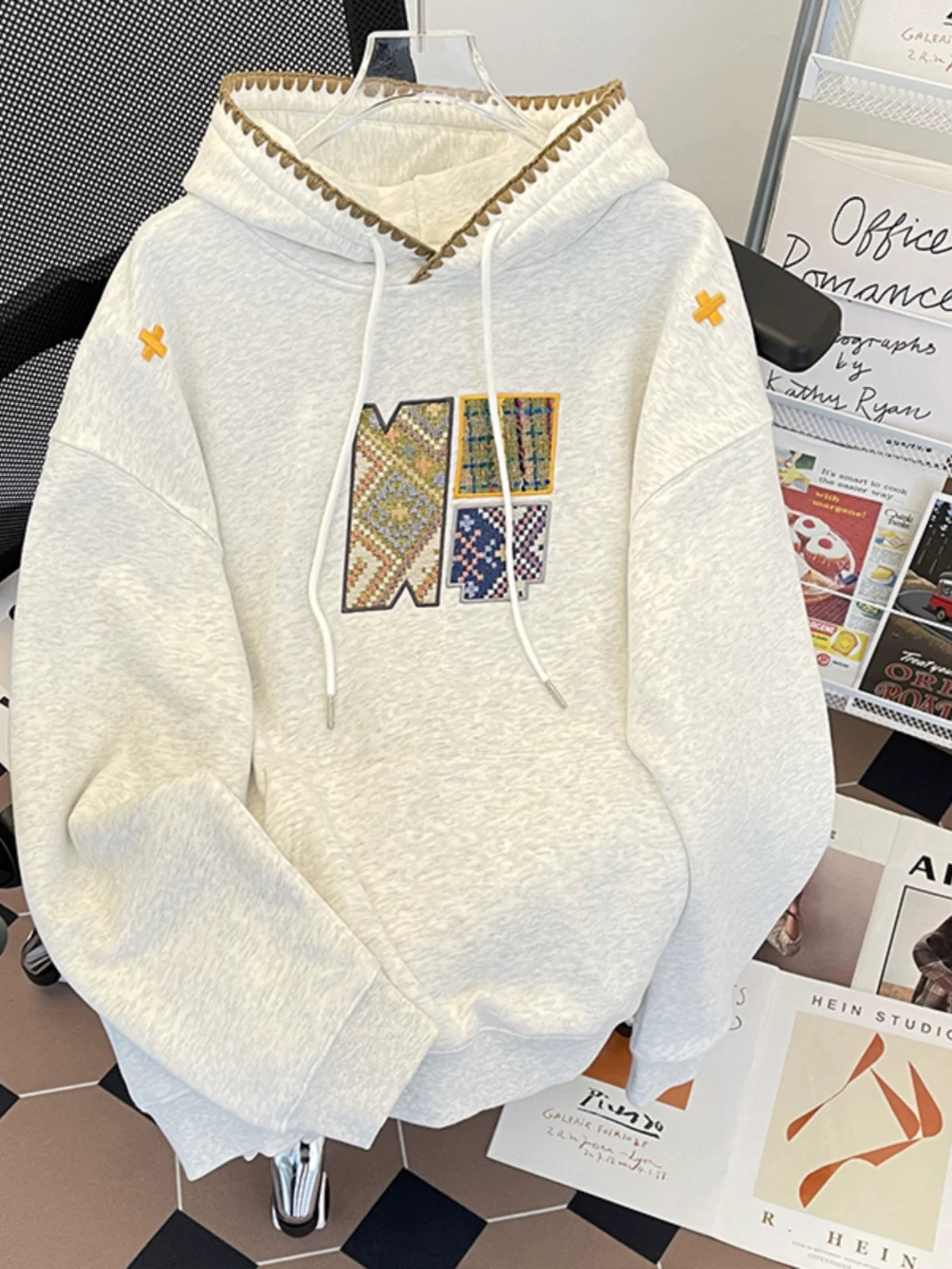 Áo nỉ hip-hop kiểu Mỹ dành cho nam, mùa xuân thu, áo có mũ thêu rộng rãi, thiết kế thời thượng, áo khoác đôi.