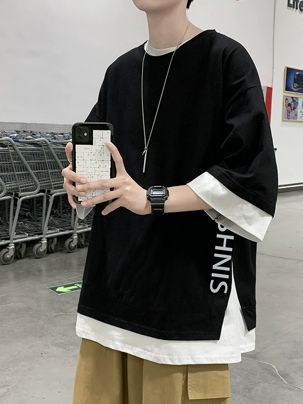 Áo thun giả hai mảnh tay ngắn dành cho nam, phong cách Hồng Kông, dáng rộng, mát mẻ và sành điệu, áo nửa tay, thương hiệu thời thượng mùa hè, áo thun thông thường đa năng.