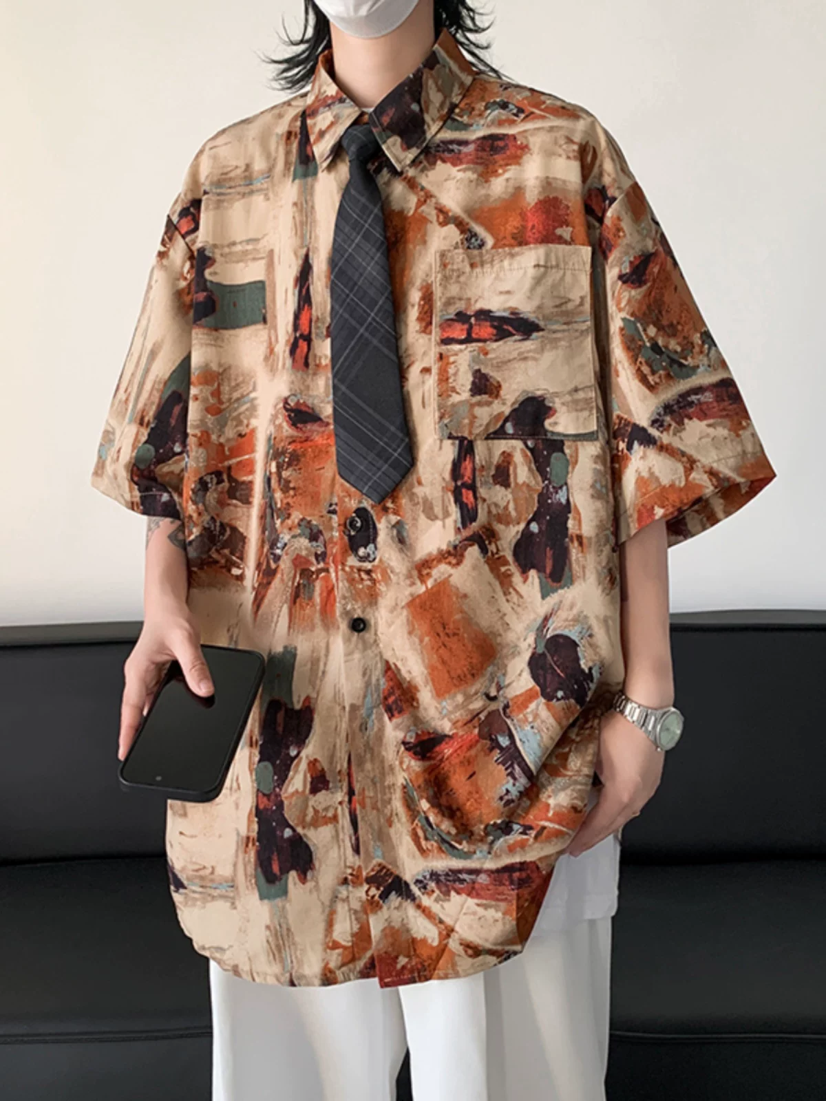 Áo sơ mi hoa văn cổ điển kiểu Mỹ dành cho nam, áo sơ mi đi biển bằng vải lụa băng mềm mại, tay ngắn, áo khoác cặp đôi mỏng hợp thời trang mùa hè.