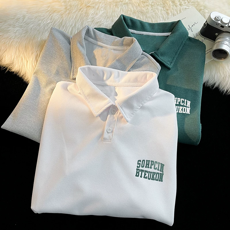 Áo thun waffle kiểu Mỹ dành cho nam, áo polo tay ngắn dáng rộng, thời trang mùa hè, đa năng, áo đôi tay lửng.