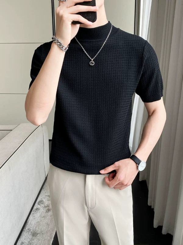 Áo thun ngắn tay lụa băng cao cấp, phong cách Hàn Quốc mùa hè, áo dệt kim nửa tay mát mẻ và sành điệu, áo thun cổ cao nửa cổ thời thượng BF dành cho nam.