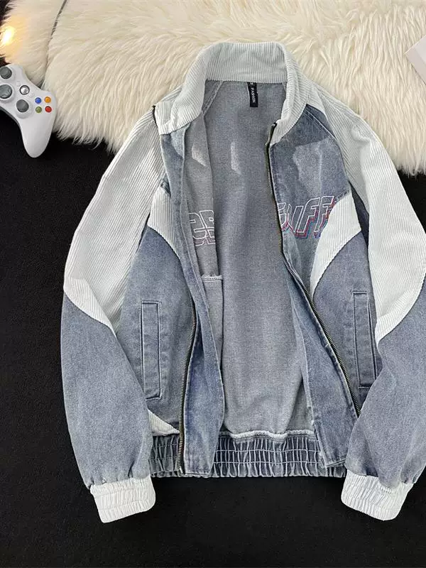Áo khoác denim thêu phối vải dành cho nam, phong cách đường phố Mỹ cổ điển mùa xuân thu, kiểu dáng rộng rãi cổ đứng, áo khoác thương hiệu thời thượng.