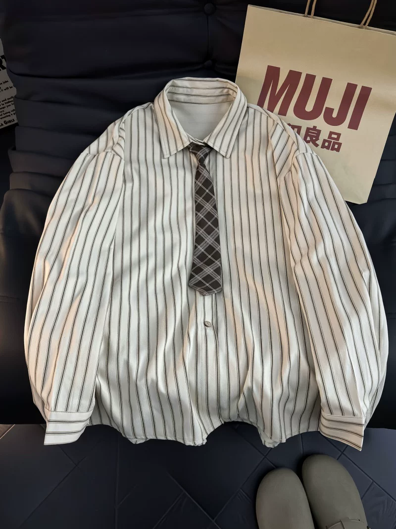 Áo sơ mi dài tay kẻ sọc phong cách Nhật Bản dành cho nam, áo kiểu dáng rộng hợp thời trang mùa hè, áo khoác sơ mi kiểu cổ điển.
