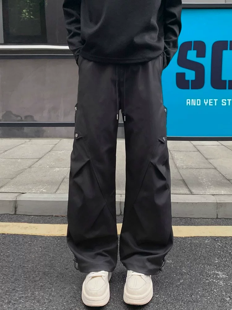 Quần cargo dù thể thao kiểu Mỹ dành cho nam, quần ống đứng xếp ly thời trang xuân thu, quần jogger ống rộng cá tính.