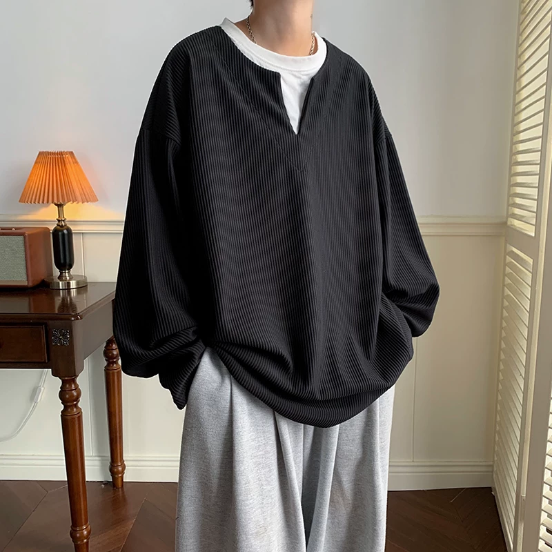 Áo nỉ giả hai mảnh dáng rộng dành cho nam với thiết kế phong cách Hồng Kông, áo thun dài tay thông thường hợp thời trang cho mùa xuân thu.
