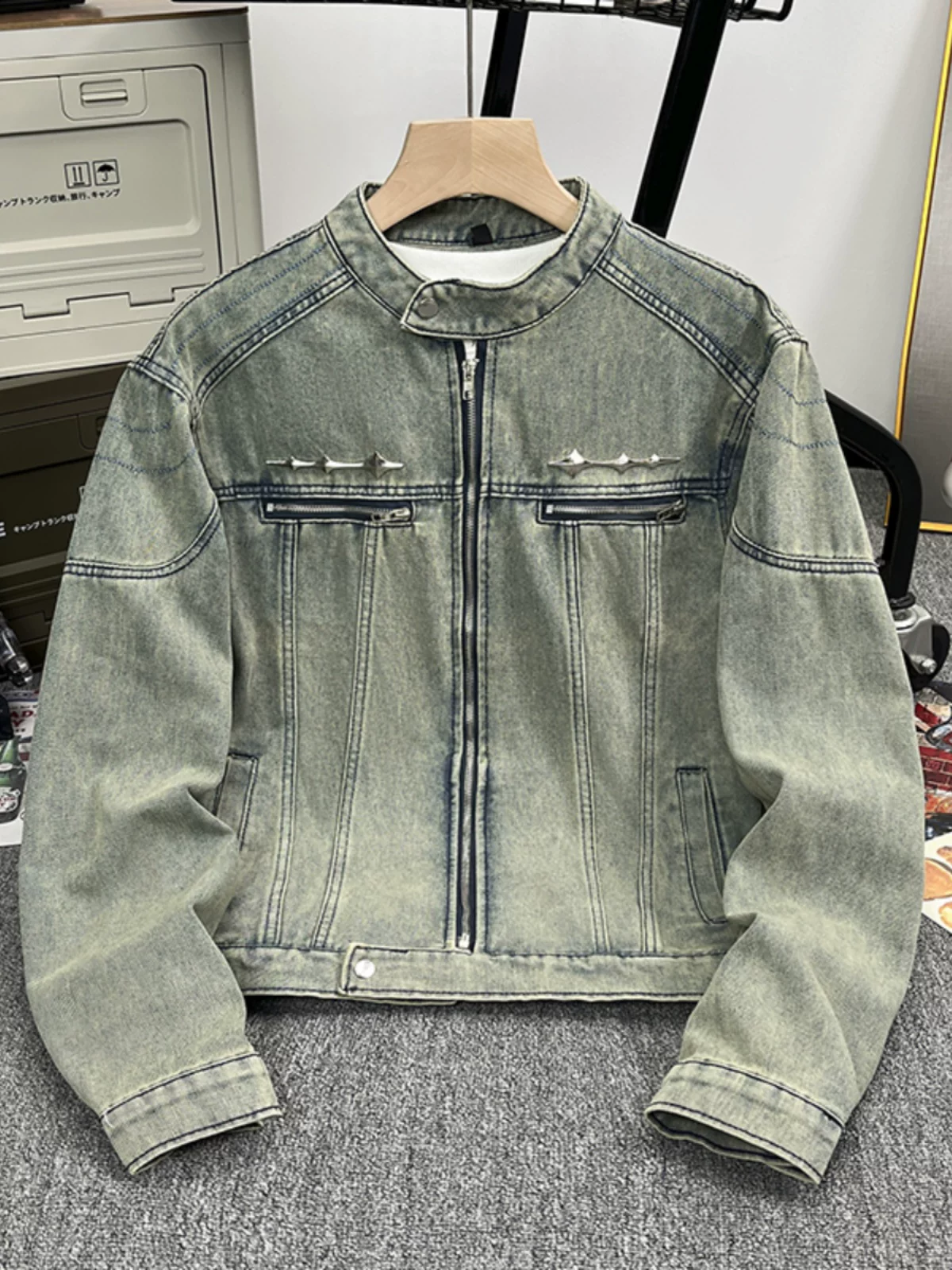 Áo khoác denim rách có đệm vai dành cho nam, mùa xuân thu, áo kiểu dáng rộng hợp thời trang, áo khoác công sở ngắn kiểu Mỹ cleanfit.