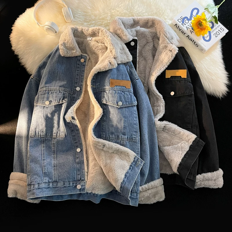 Áo khoác denim len cừu nam, dáng rộng mùa đông, lót lông cừu, áo khoác cotton dày, phong cách Nhật Bản, đã qua xử lý giặt, thương hiệu thời thượng, áo khoác cotton cặp đôi phong cách ins.