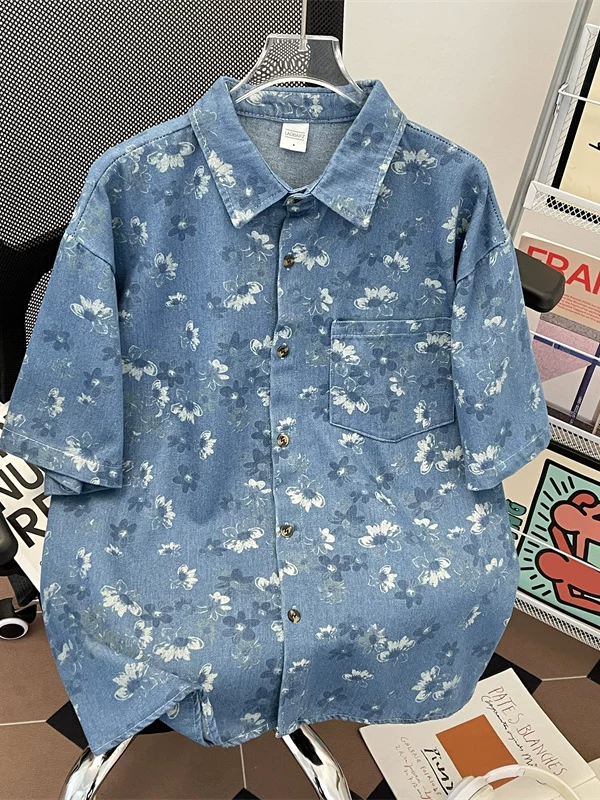 Áo sơ mi denim kiểu cổ điển Nhật Bản dành cho nam, áo sơ mi ngắn tay in hoa, áo khoác dáng rộng hợp thời trang mùa hè.