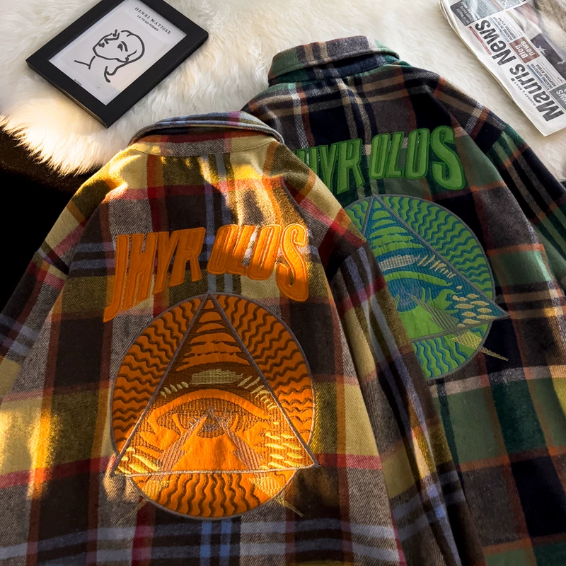 Áo sơ mi len kẻ sọc dài tay dành cho nam, áo sơ mi thêu phong cách đường phố Hồng Kông, áo khoác dáng rộng hợp thời trang cho mùa xuân thu.