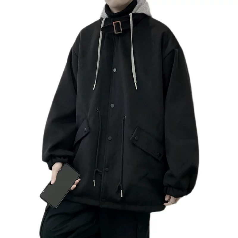 Áo khoác len giả hai mảnh phong cách Hồng Kông dành cho nam, áo khoác có mũ trùm đầu dáng rộng cho cặp đôi mùa thu đông, áo khoác len thời trang cá tính.