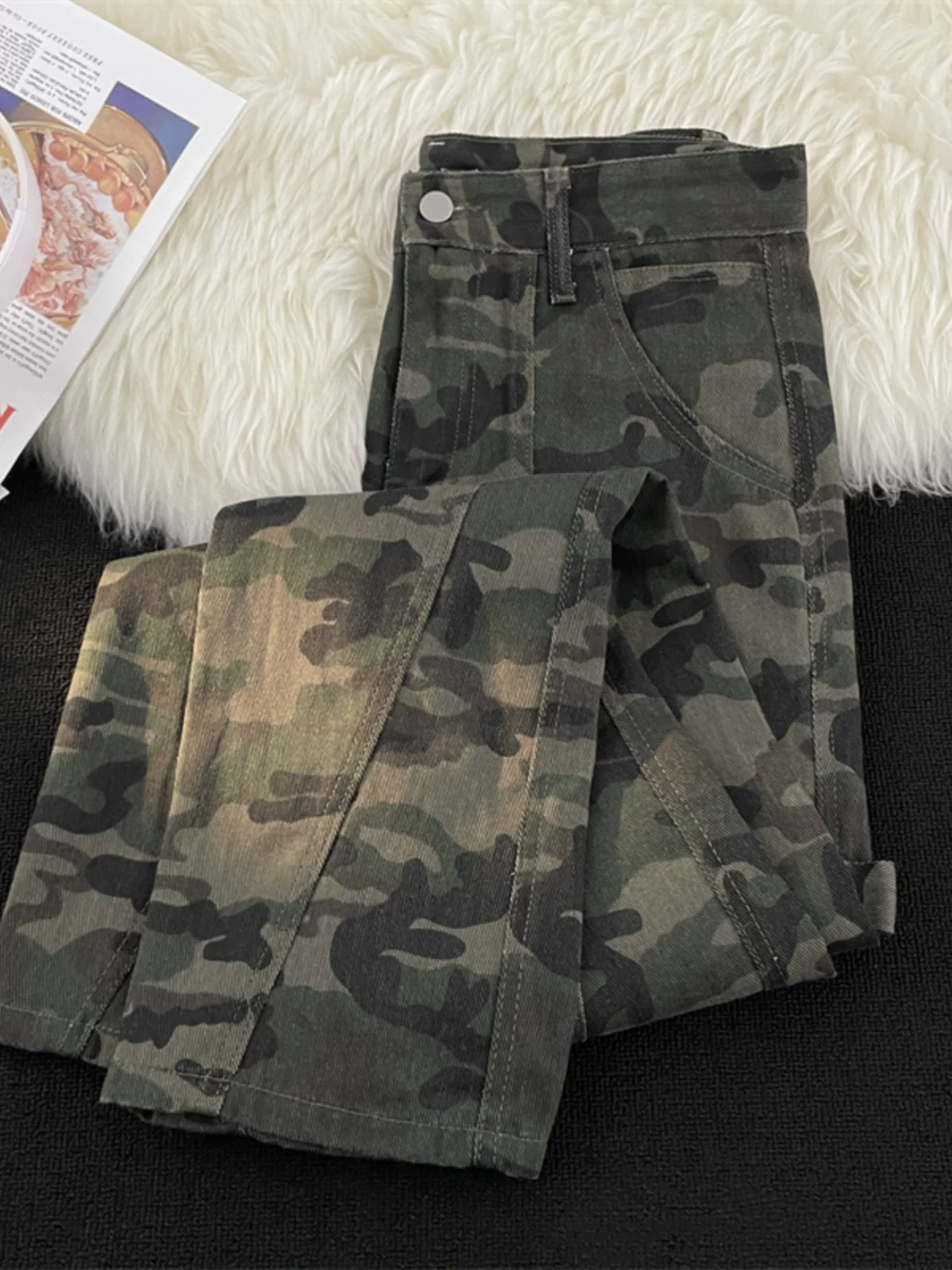 Quần jean rằn ri chắp vá dành cho nam, quần phong cách đường phố Mỹ, quần công sở ống đứng hợp thời trang mùa xuân thu.