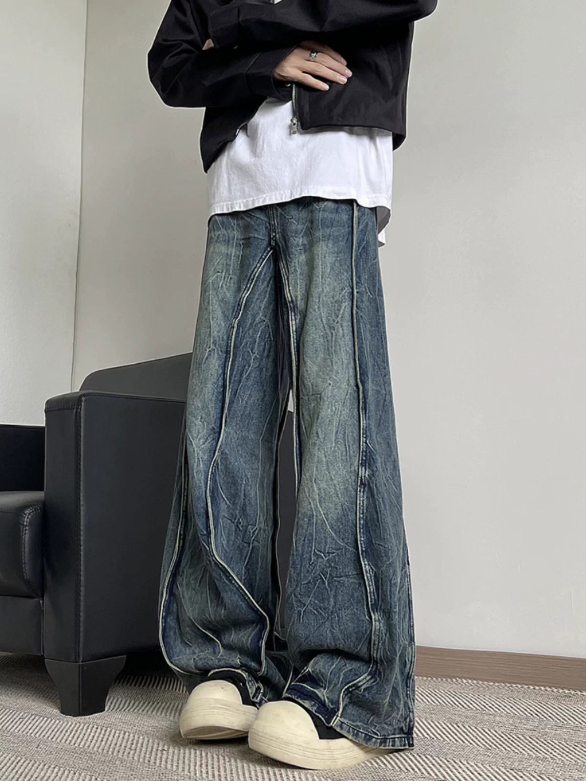 Quần jean oversized phối vải nhiều mảnh, chất liệu dày dặn dành cho nam và nữ, phong cách đường phố Mỹ, quần rách, quần dài ống rộng loe thời trang xuân thu.