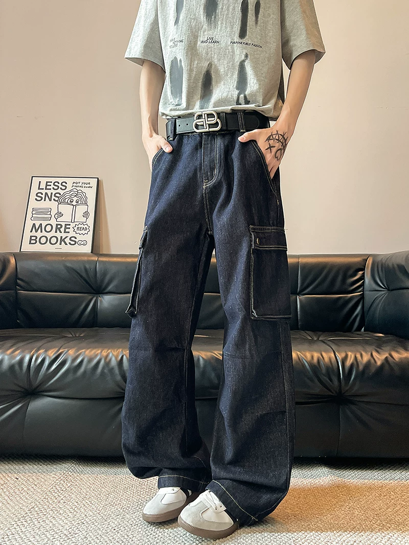 Quần jean túi lớn thời thượng dành cho nam, quần ống rộng dáng thẳng phong cách Mỹ mùa hè, quần dài kiểu workwear vintage dày dặn đã qua xử lý giặt mềm.