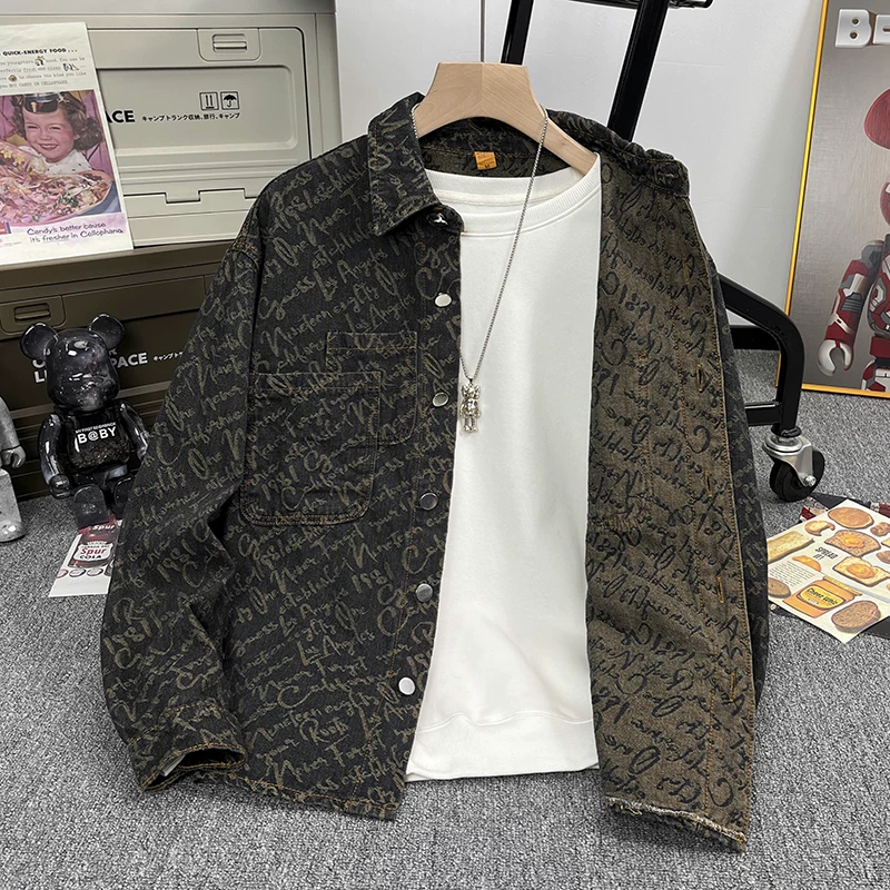 Áo khoác denim jacquard kiểu Mỹ dành cho nam, thời thượng và cao cấp, áo khoác dáng rộng thoải mái cho mùa xuân và mùa thu.