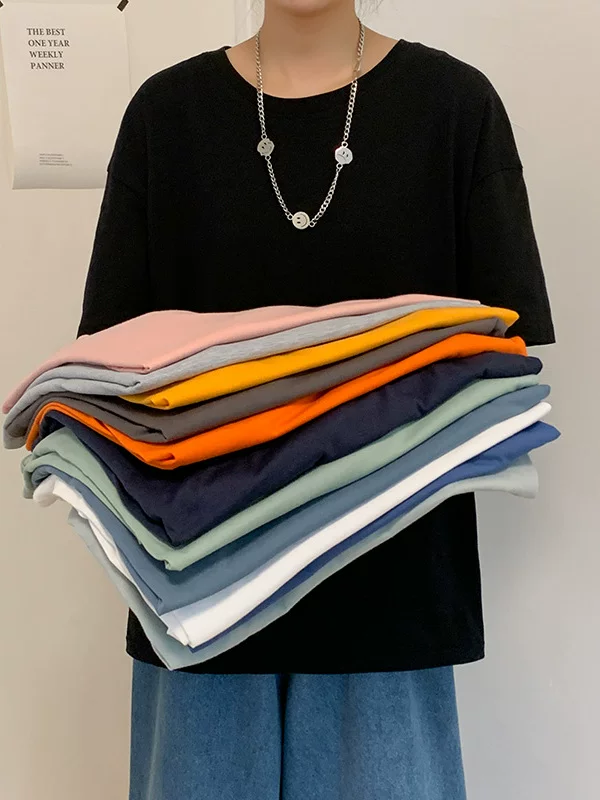 Áo thun ngắn tay học sinh nam nữ mùa hè, cotton trơn màu, cổ tròn rộng, áo thun nửa tay, áo lót trong phong cách Hàn Quốc thời thượng