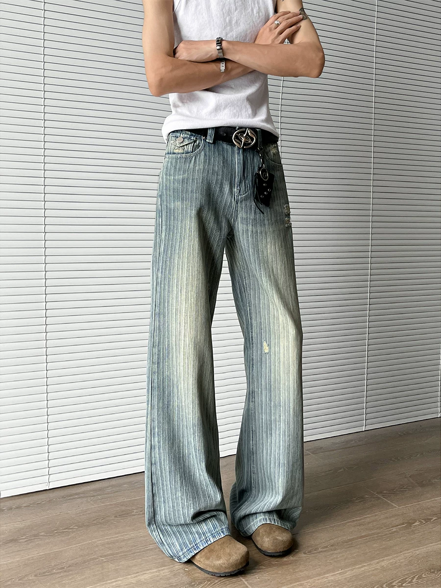 Quần jeans rách họa tiết tre dành cho nam, phong cách mùa hè thời thượng, quần ống rộng dáng thẳng, quần dài kiểu Mỹ cổ điển, rách cá tính.