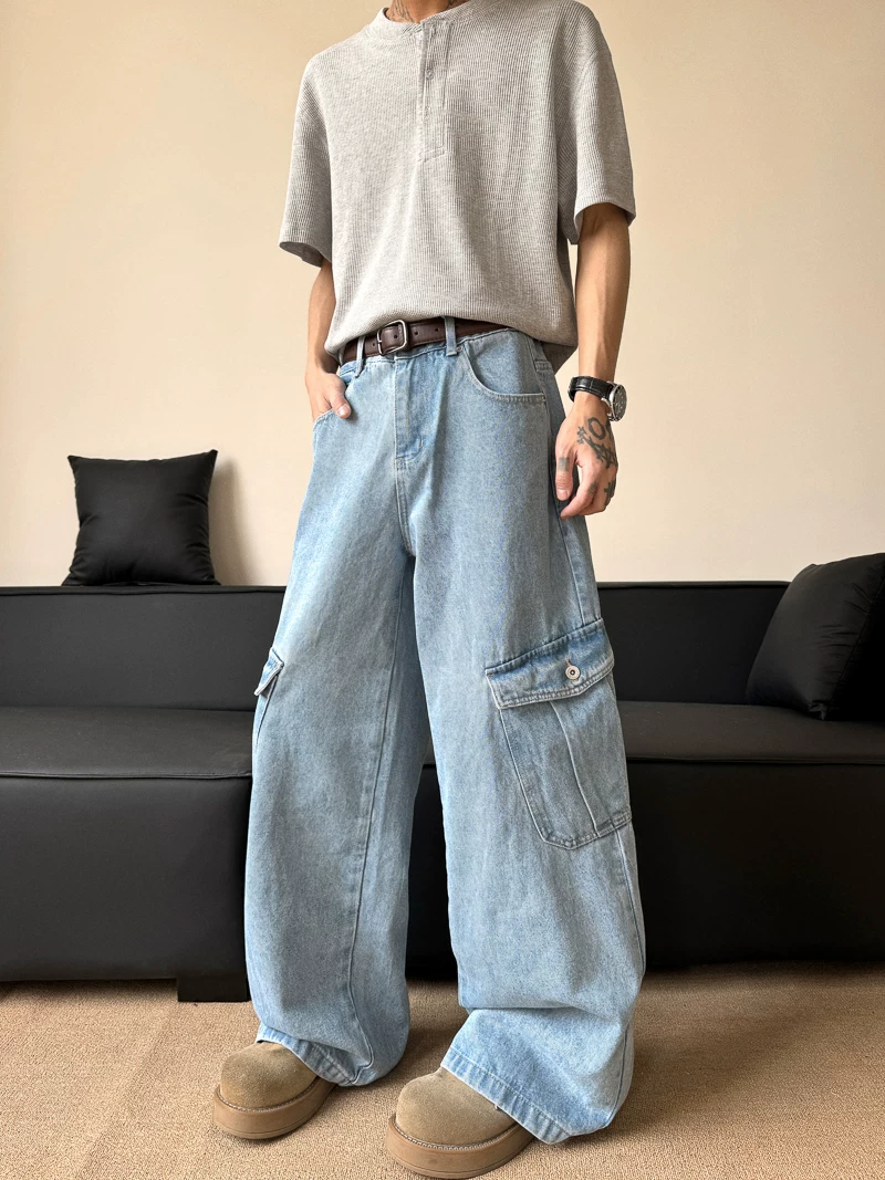Quần jean ống rộng mỏng mùa hè dành cho nam, có túi lớn, quần công sở ống rộng, quần dài chạm sàn phong cách Mỹ thời thượng dành cho cặp đôi.