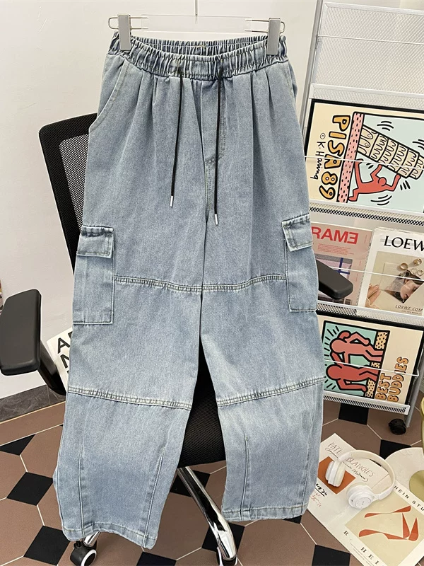 Quần jean công sở lưng thun cho nam, thương hiệu thời thượng của Mỹ, túi lớn, quần ống rộng, quần dài phong cách retro Nhật Bản.