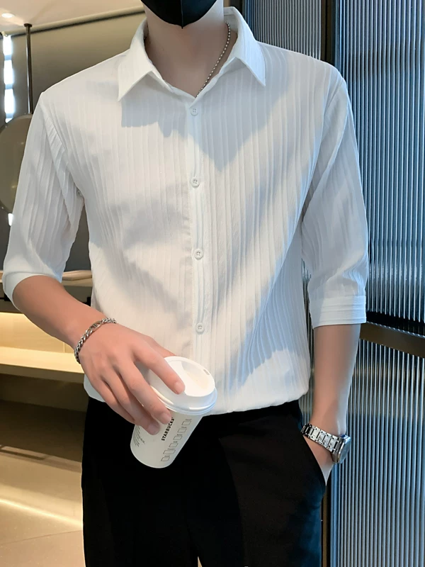 Áo sơ mi ngắn tay phong cách trưởng thành nhẹ nhàng dành cho nam, áo sơ mi tay lửng chất liệu lụa băng mát lạnh mùa hè, áo kiểu Hàn Quốc thời thượng.