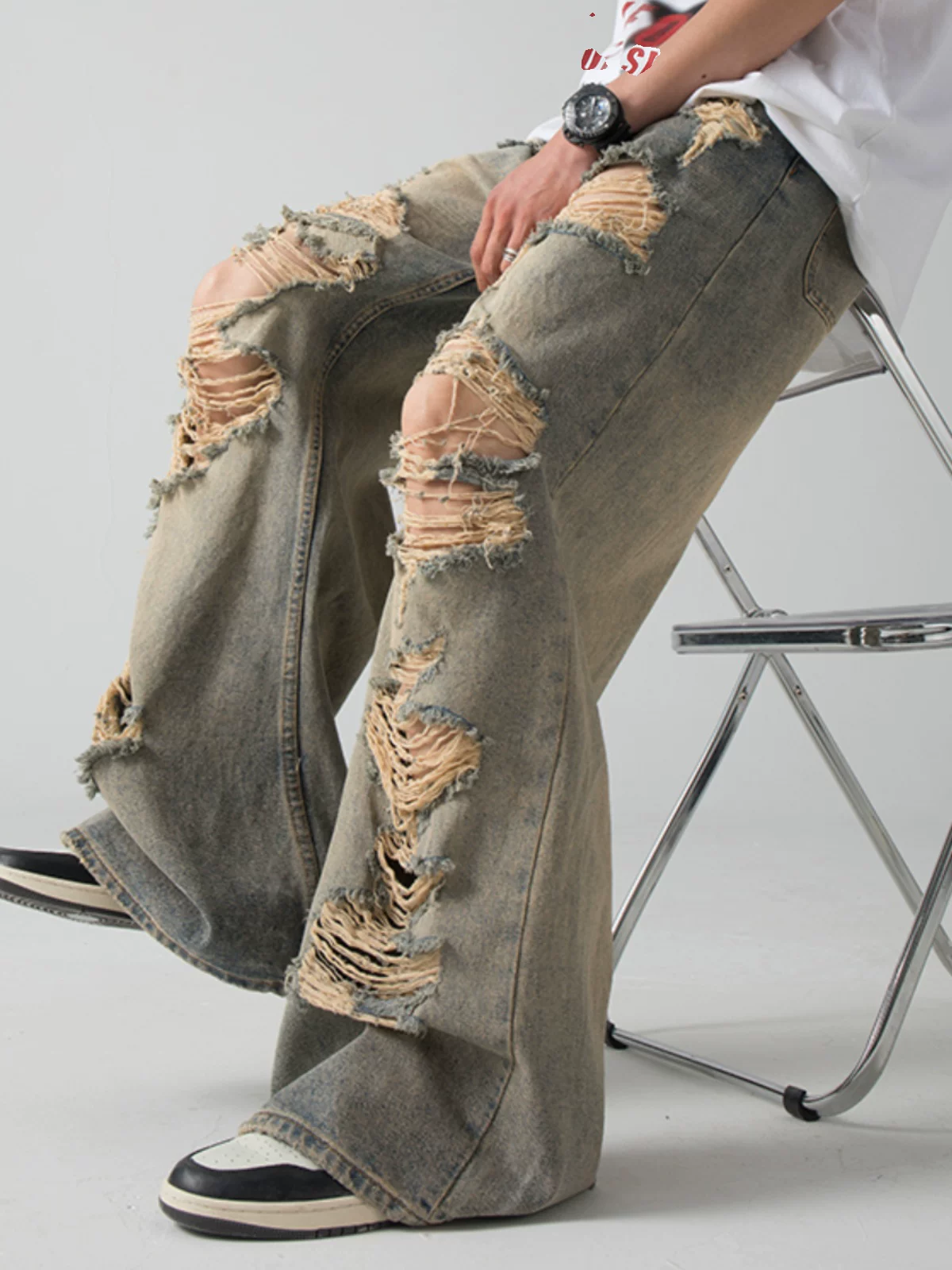 Quần jeans rách phong cách hip-hop dành cho nam, kiểu Mỹ thời thượng, quần phong cách wasteland, quần ống rộng dài chạm đất mùa hè.