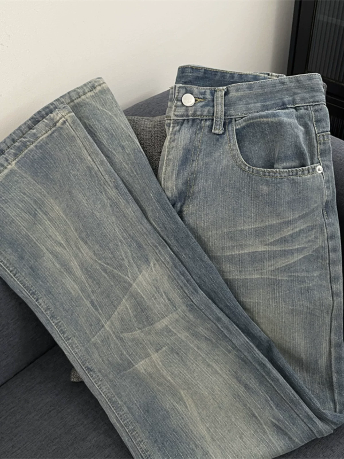 Quần jeans chất liệu tre đã qua xử lý dành cho nam, quần phong cách Mỹ cổ điển mùa xuân thu, quần dài ống rộng dáng suông thời thượng.