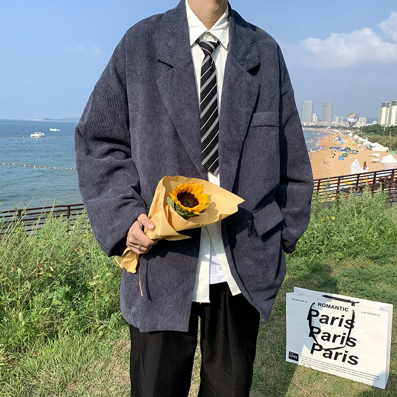 Bộ vest nam mùa xuân thu, áo khoác nhung kẻ retro phong cách BF thời thượng kiểu Hồng Kông, áo blazer dáng rộng phong cách Hàn Quốc cá tính.