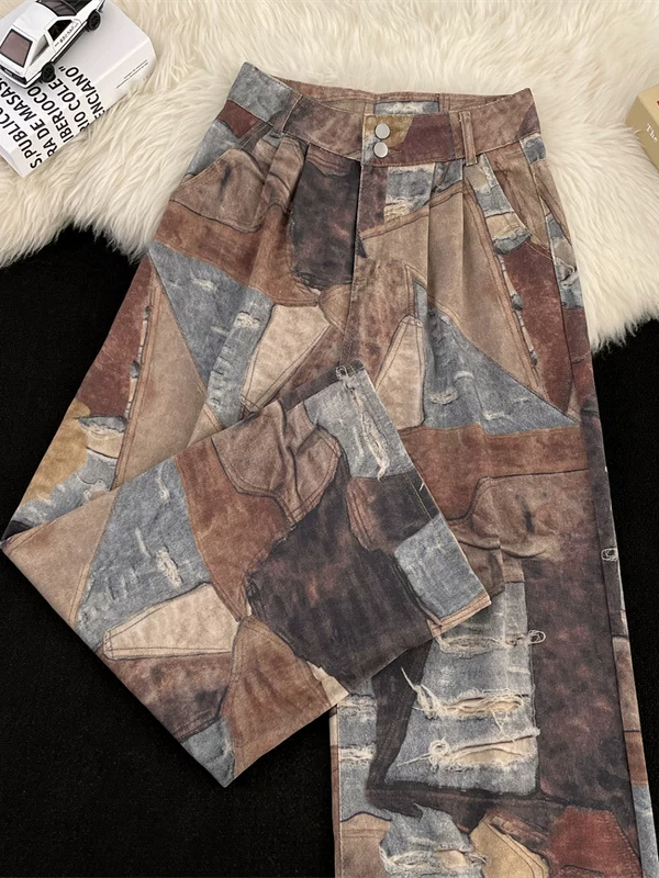 Quần jeans rách in 3D phong cách Wasteland dành cho nam, quần ống rộng thời thượng mùa thu, quần ống rộng phong cách Mỹ cá tính.