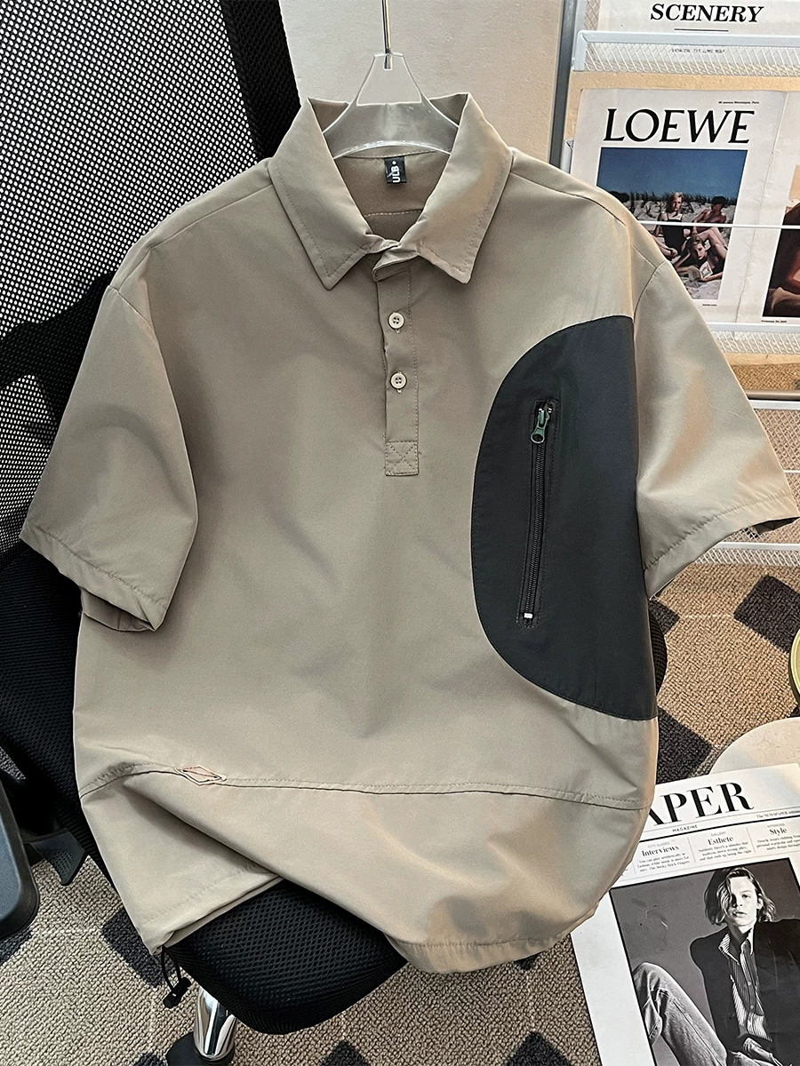 Áo thun nam nhanh khô, thoáng mát, áo polo ngắn tay phối màu chức năng, phong cách mùa hè mới, áo thun cổ bẻ dáng rộng phong cách Mỹ thời thượng.