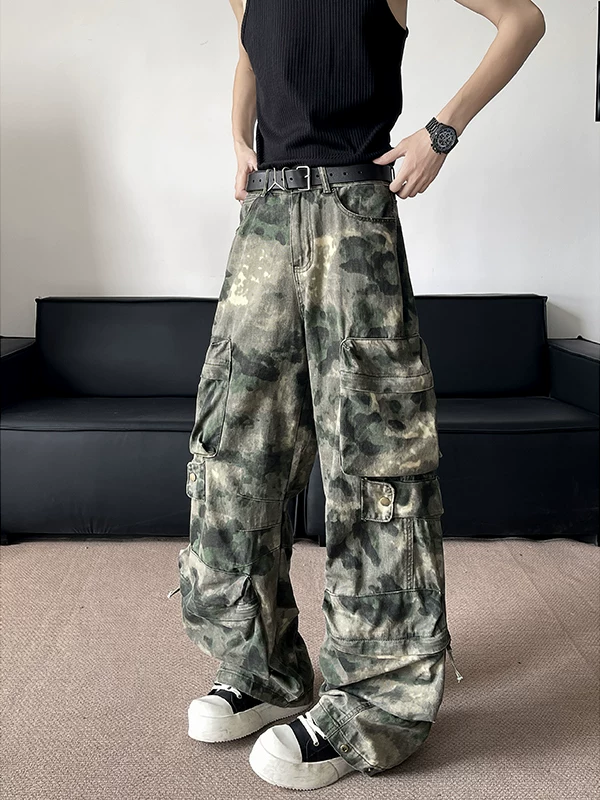 Quần công sở rằn ri kiểu Mỹ dành cho nam, quần ống cong cleanfit mùa xuân thu, quần dài ống rộng nhiều túi thương hiệu thời thượng.