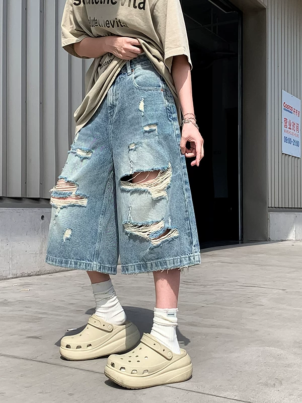 Quần short denim rách unisex thời trang, dáng rộng, ống thẳng, kiểu Mỹ, phong cách đường phố cá tính, quần ống rộng dài ngang gối