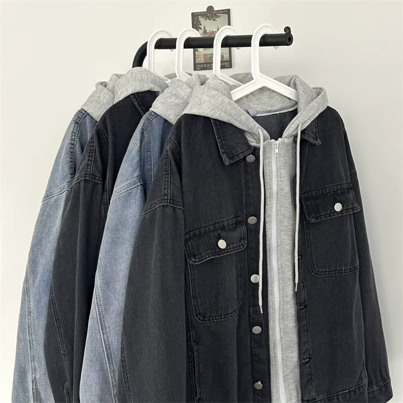 Áo khoác denim giả hai mảnh phong cách Hồng Kông, áo khoác nam sinh viên đa năng, áo khoác có mũ trùm đầu dáng rộng hợp thời trang mùa xuân thu