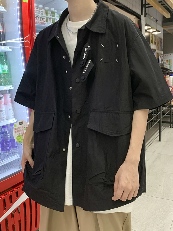 Áo sơ mi công sở có túi lớn dành cho nam, áo sơ mi ngắn tay kiểu cityboy Nhật Bản mùa hè, áo khoác mỏng dáng rộng thương hiệu thời thượng.