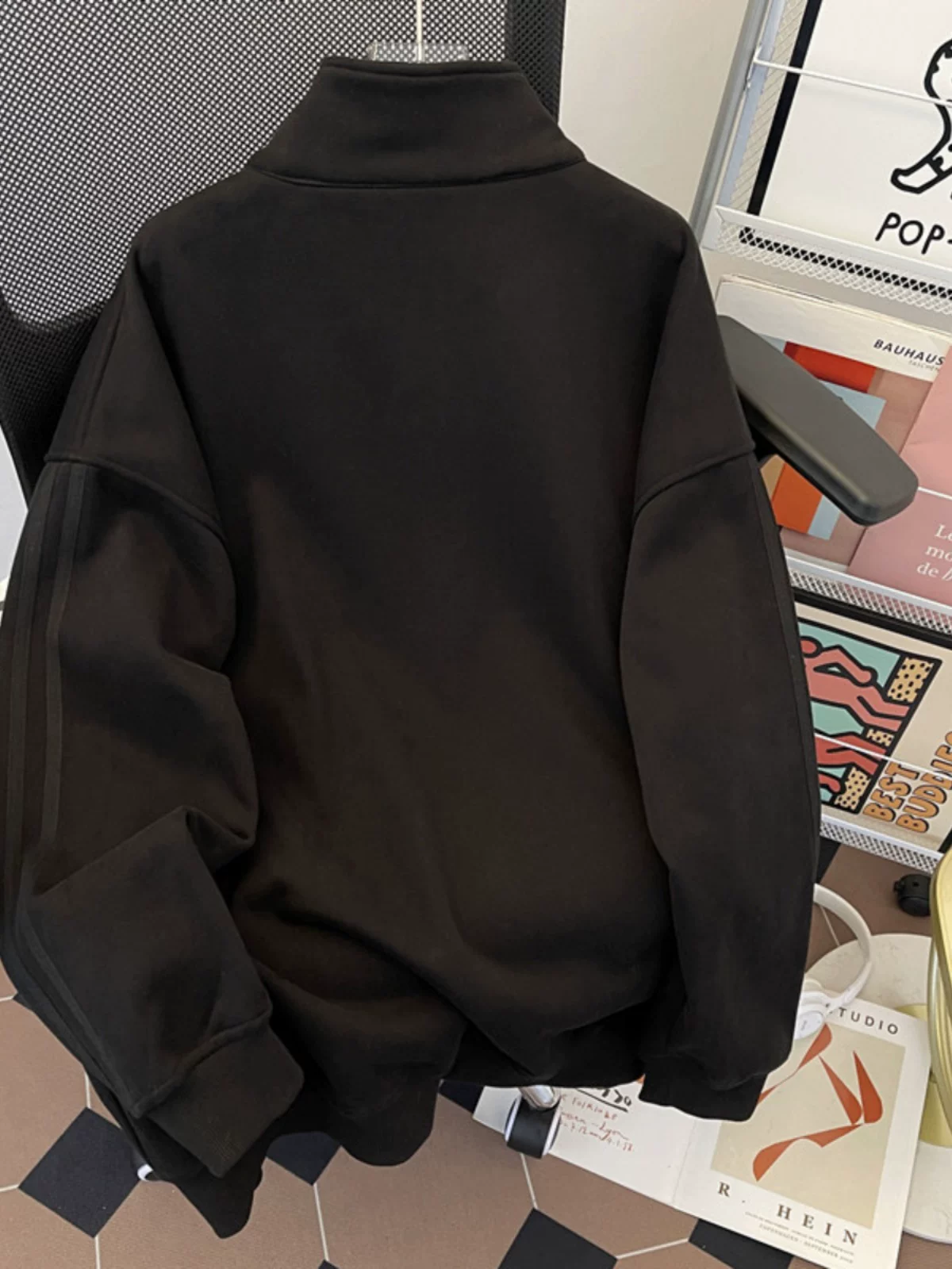 Áo nỉ dày dặn dành cho nam, mùa thu đông, dáng rộng, cổ đứng, áo khoác nửa khóa kéo, chất liệu nặng, phong cách Mỹ, thương hiệu thời trang, áo khoác đôi.