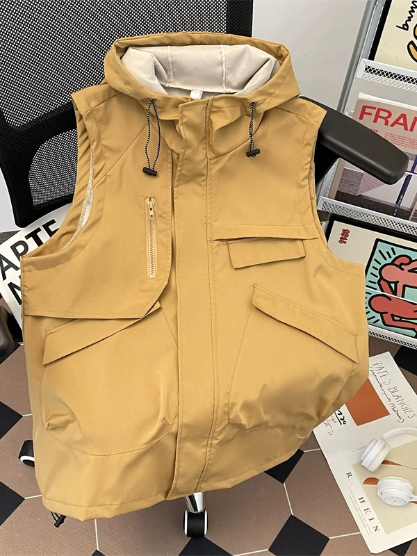 Áo vest không tay kiểu dáng dã ngoại dành cho nam, áo vest công sở nhiều túi đa năng mùa hè, áo khoác có mũ trùm đầu rộng rãi phong cách Mỹ thời thượng.
