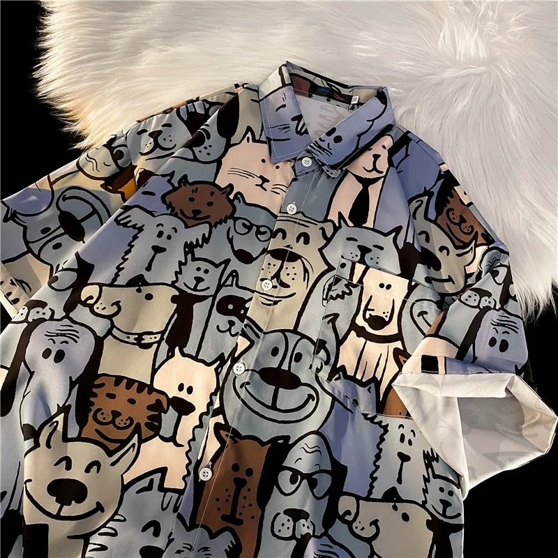 Áo sơ mi ngắn tay in họa tiết hoạt hình dành cho nam, áo sơ mi dáng rộng phong cách Nhật Bản, áo đôi thiết kế hợp thời trang mùa xuân hè