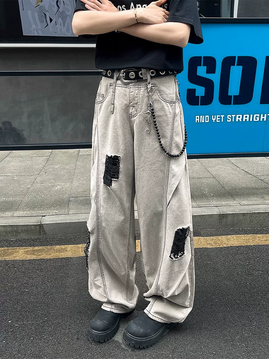 Quần jeans rách kiểu Mỹ dành cho nam, thương hiệu thời thượng, quần dài ống đứng, thiết kế cá tính, quần ống rộng với đường cắt độc đáo.