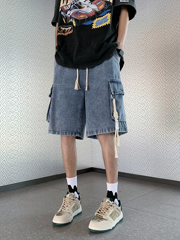 Quần short denim kiểu Mỹ dành cho nam, quần dài vừa phải ống đứng đa năng mùa hè, dáng rộng, quần short năm điểm phong cách retro hợp thời trang.