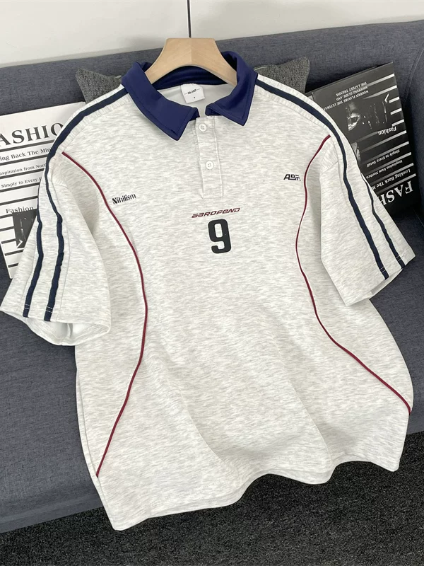 Áo polo thể thao kiểu Mỹ dành cho nam và nữ, phối màu, có cổ, tay ngắn, thiết kế thời thượng, áo bóng rổ dáng rộng.