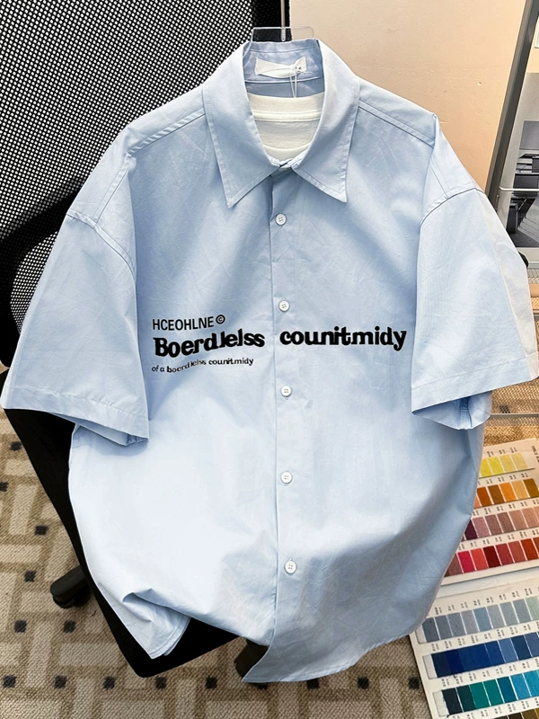 Áo sơ mi ngắn tay in chữ cho nam, áo sơ mi kiểu Mỹ rộng rãi thoải mái mùa hè, áo khoác nửa tay đa năng hợp thời trang dành cho cặp đôi