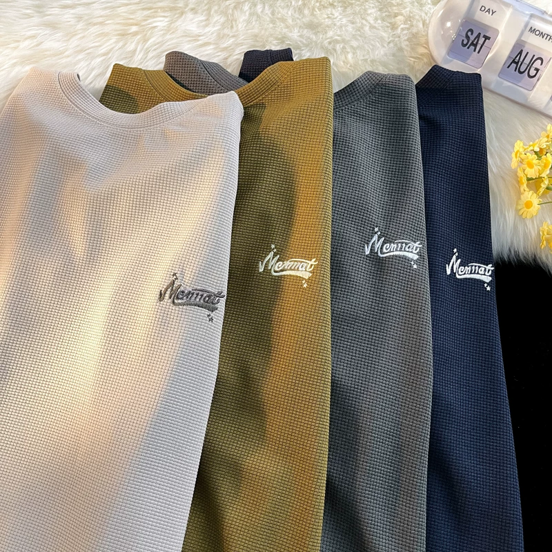 Áo thun waffle kiểu Hồng Kông dành cho nam, áo thun tay ngắn cổ tròn rộng rãi mùa hè, áo cặp đôi sinh viên thời trang tay lửng.