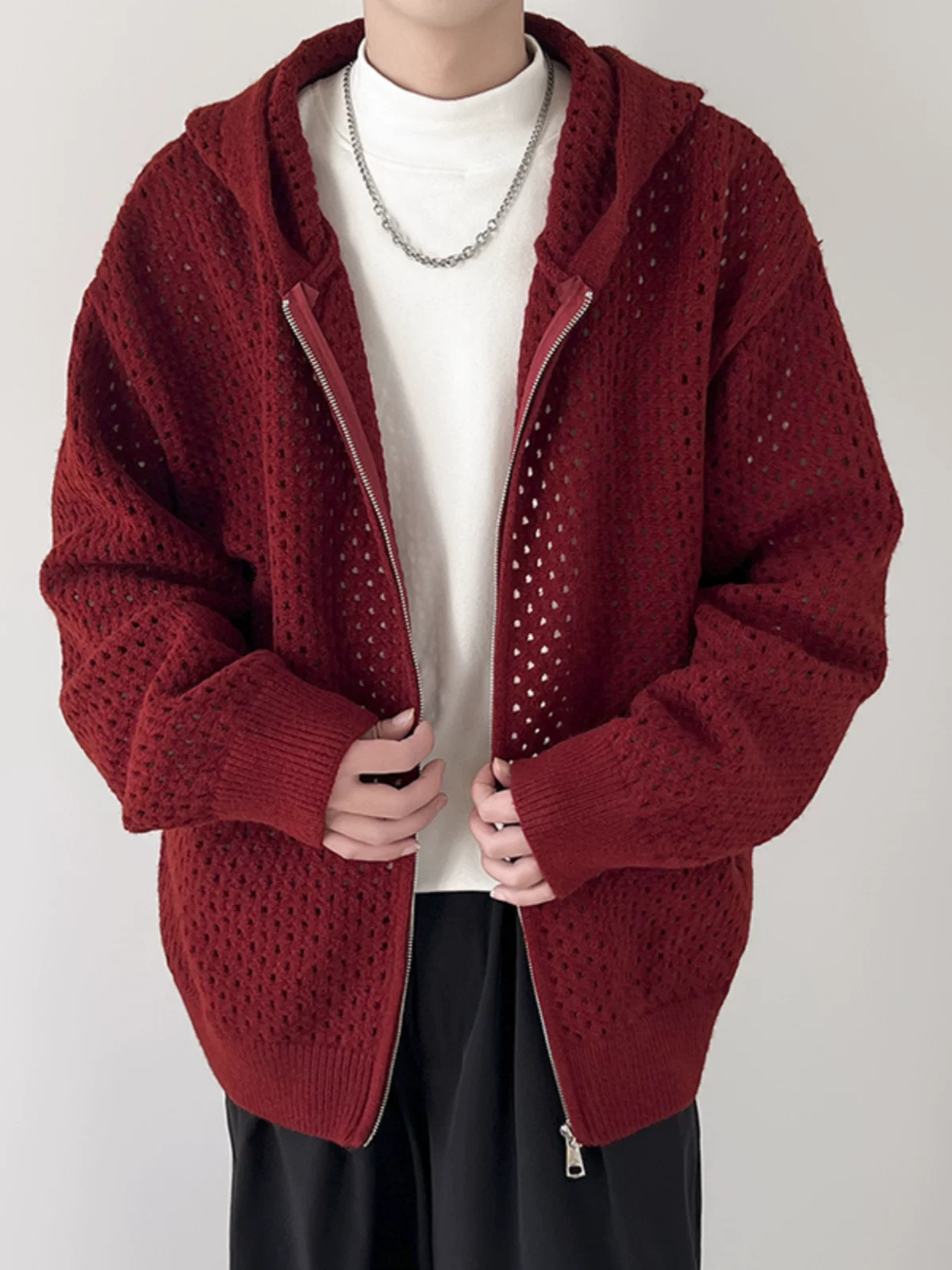 Áo len thiết kế khoét lỗ dành cho nam, áo cardigan có mũ rộng rãi, phong cách Mỹ thời thượng mùa xuân thu, kiểu dáng thoải mái dành cho cặp đôi.